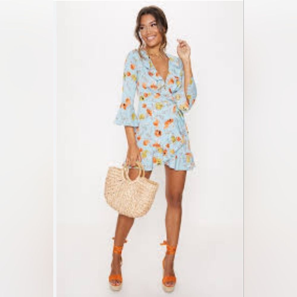 PRETTY LITTLE THING Turquoise Floral Printed Frill Wrap Tea Dress Size 2